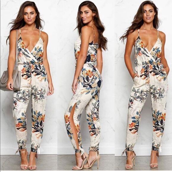 Women's V Neck Floral Print Spaghetti Strap Split Beam Foot Jumpsuit Rompers - Picture 1 of 2